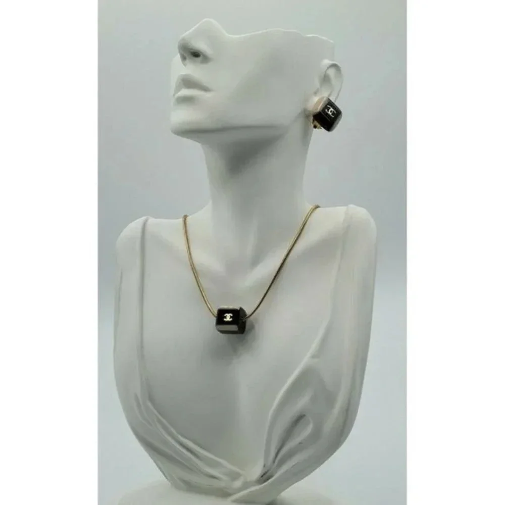 Vintage Authentic Chanel Logo Necklace & Square Clip Earrings Set ~ Signature
